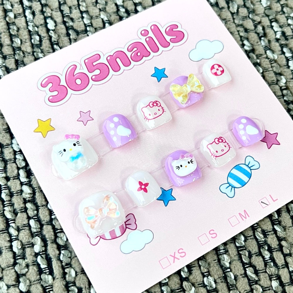 365nails: "Kitty Dream" – 3D 캐릭터 리본 수제 숏 스퀘어형 네일