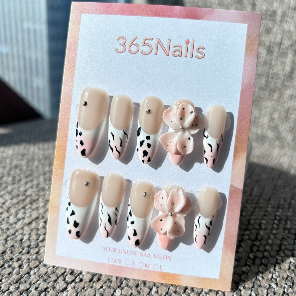 Sculpted Flora: "Wild Pink Milkshake" – 3D Polka Dot Flower on Mixed Animal Print & Nude French Nails