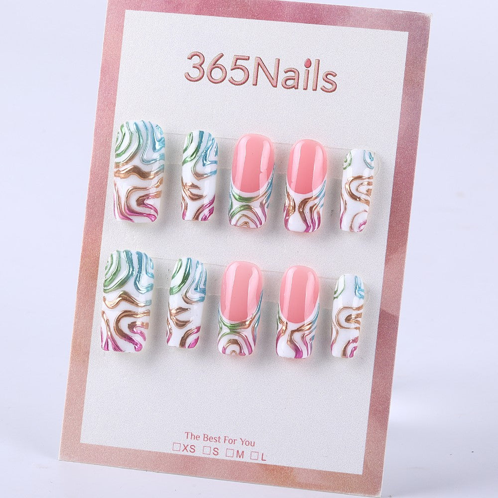 Milky white with flowing patterns × jelly powder French style Press On Nail