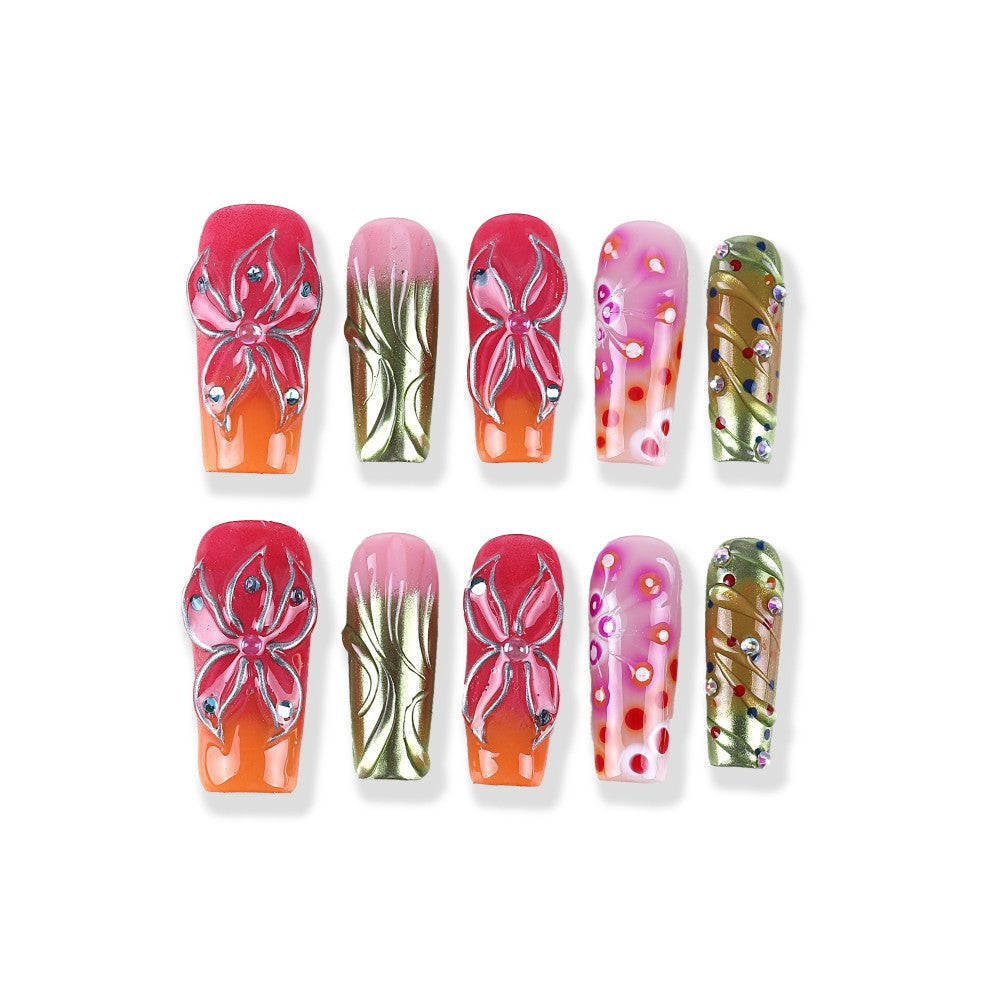 Coral orange-red gradient × metallic embossed rhinestone dots press on nail