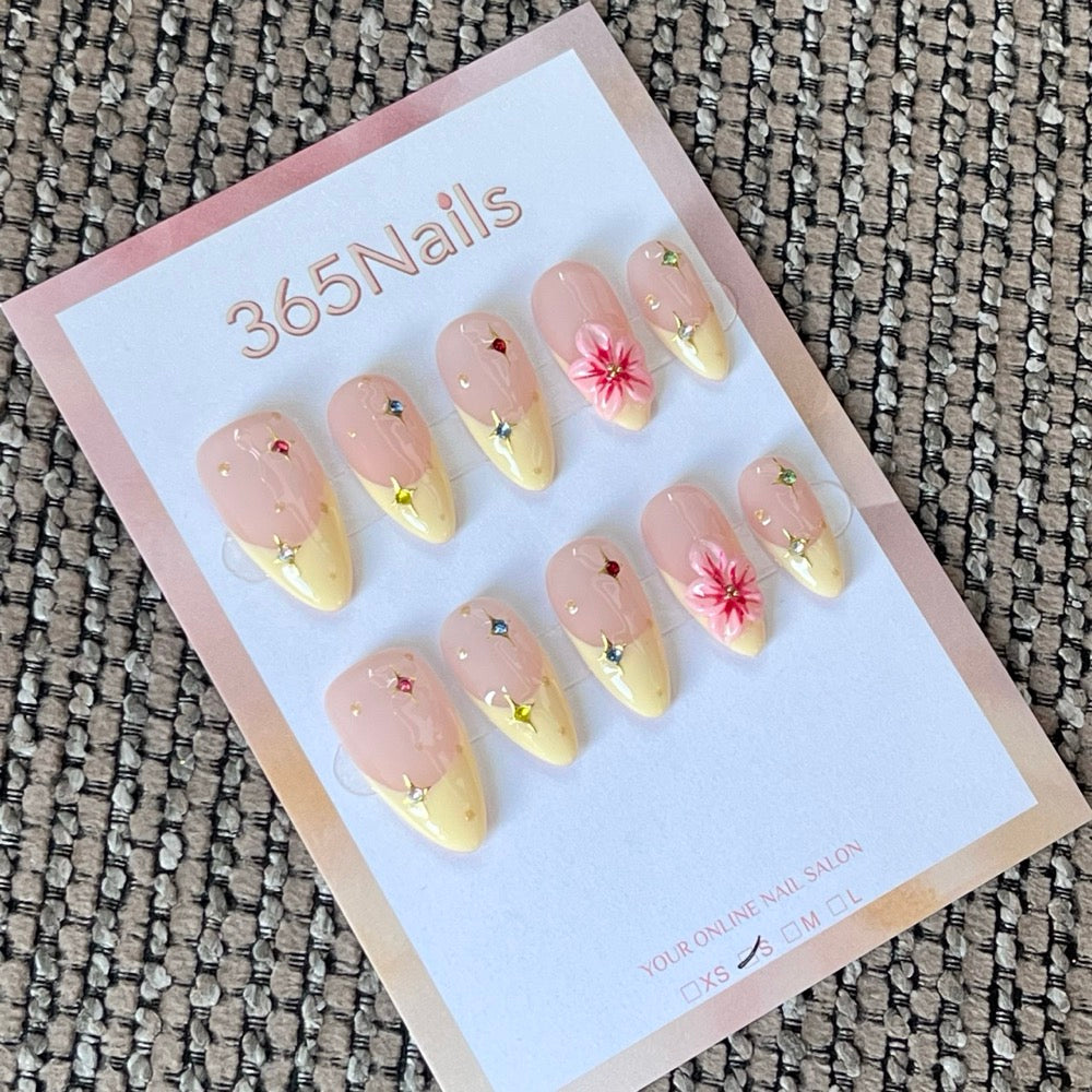 Lemon Star Bloom - Yellow 3D Floral Press-On Nails