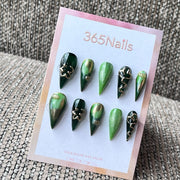 Emerald Green & Gold Ombre Stiletto Press-On Nails with 3D Charms