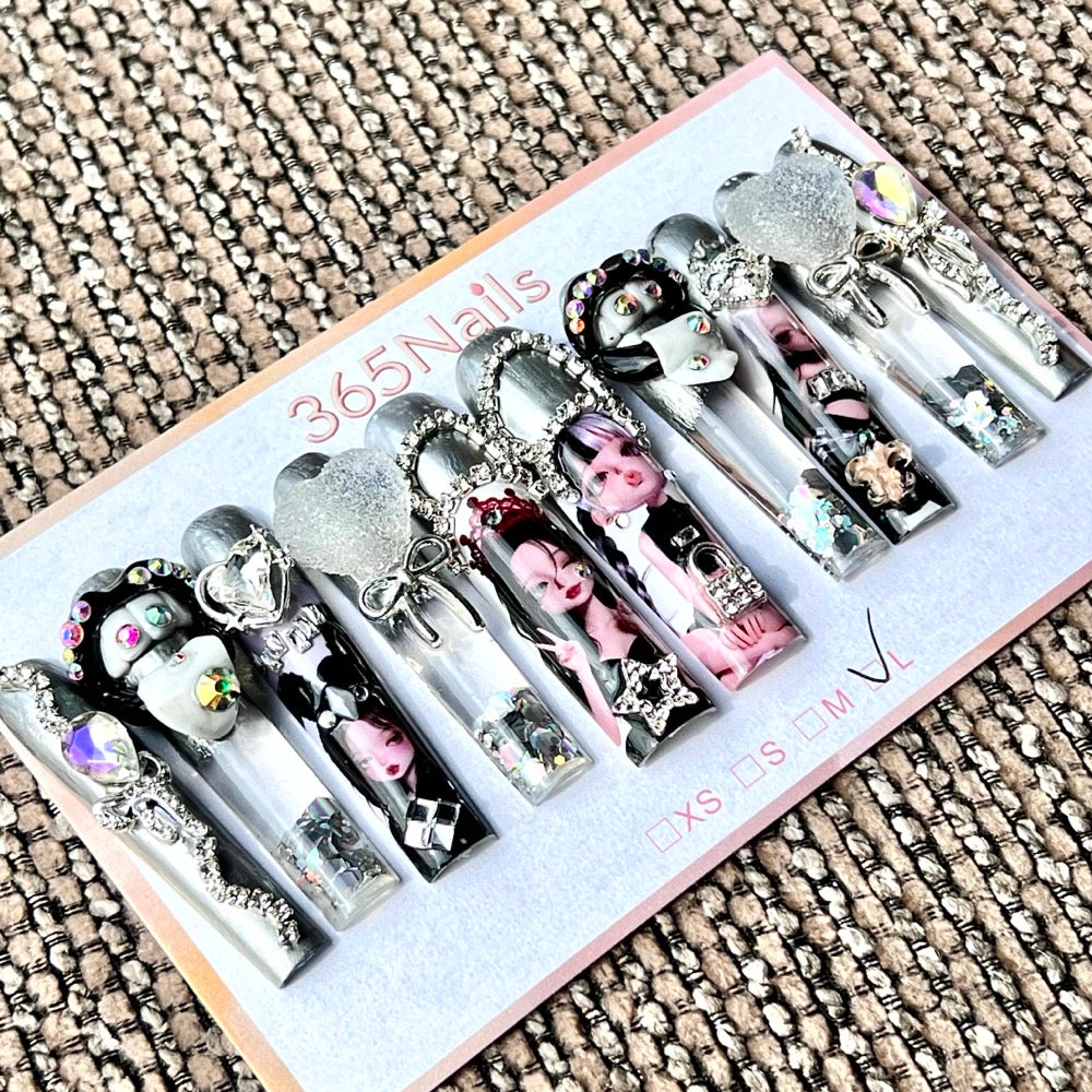 365nails: "Silver Sweet Gothic" – Handmade Cartoon Liquid Motion Press-On Long Pipe Nails-5.5cm