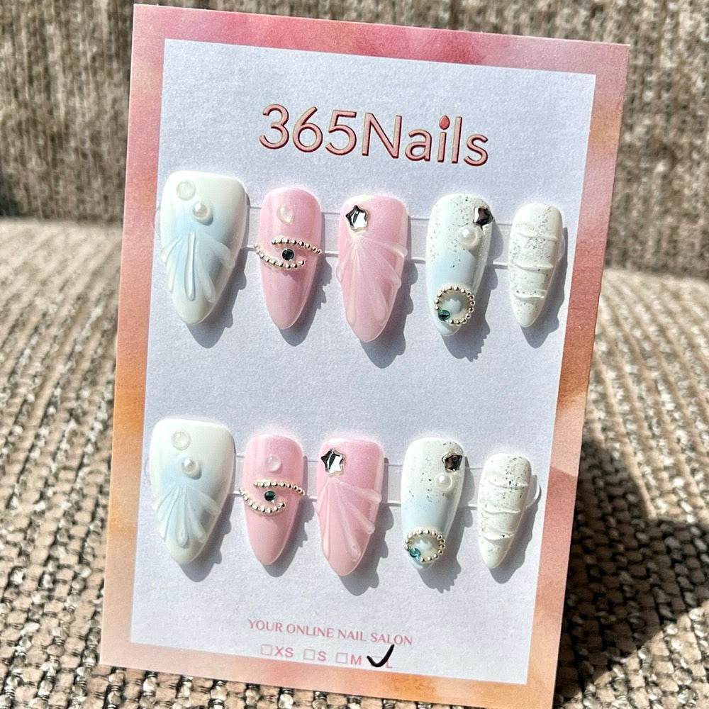 365nails: "Pastel Pink White Wave Rhinestone Mix" – Handmade Medium Stiletto Press-On Nails