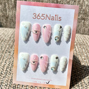 365nails: "Pastel Pink White Wave Rhinestone Mix" – Handmade Medium Stiletto Press-On Nails