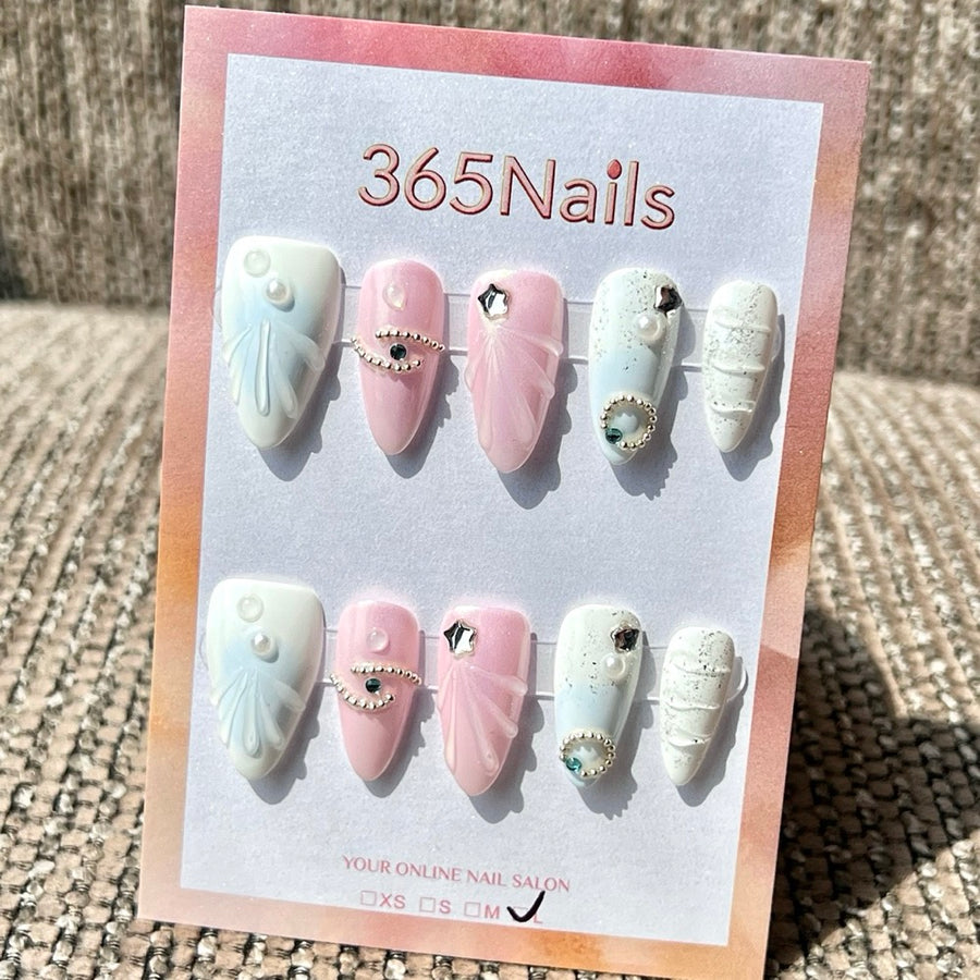365nails 파스텔 핑크·화이트 웨이브 라인스톤 믹스 수제 미디엄 스틸레토형 프레스온 네일