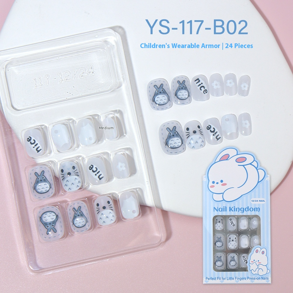 Children press on nails, cartoon 24-piece boxed finished product, sweet and cute children's removable fake nail patch manicure