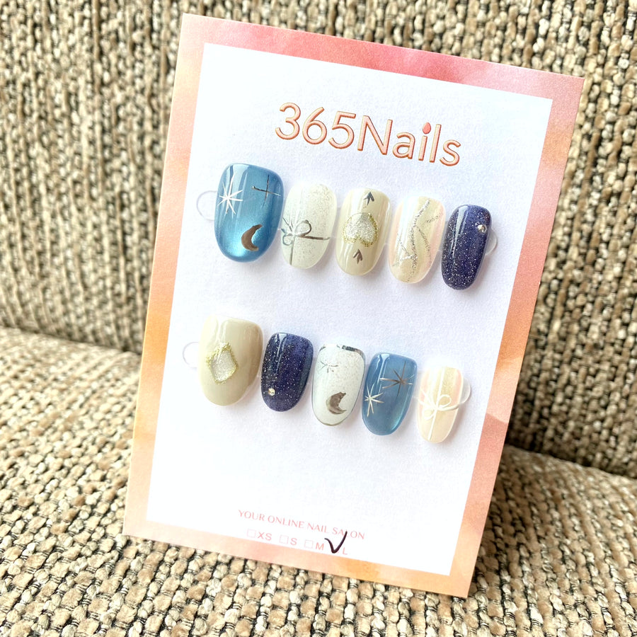 365nails: "Galactic Dream" – Blue Cat-Eye & Starry Night Handmade Short Oval Nails