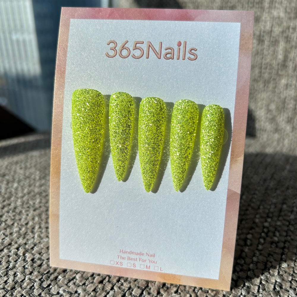 Neon Lime Press On Nails Fluorescent Green Micro Glitter Stiletto | Starry Glitter · Sparkling Series