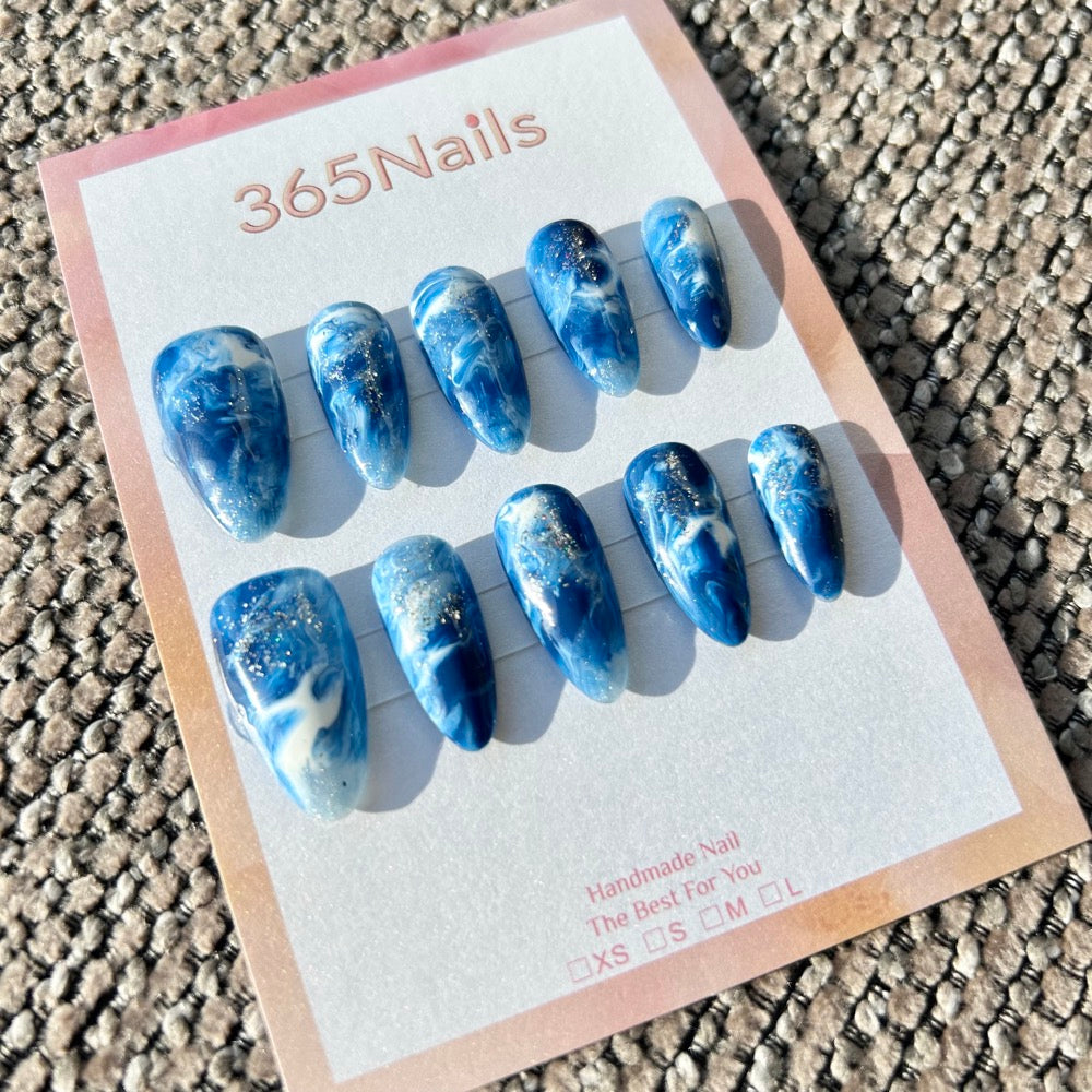 Azure Ocean & Crashing Waves Ice Blue White Marble Shimmer Nails ｜ Handmade Smudge Series(moq=30)