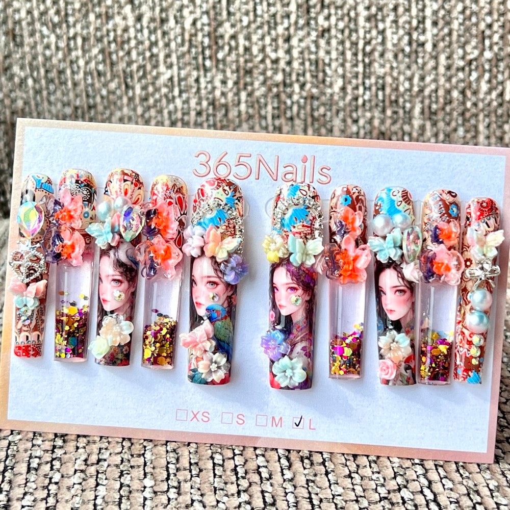 365nails: "Bohemian Floral Maiden" – Handmade Liquid Motion Press-On Long Pipe Nails-5.5cm
