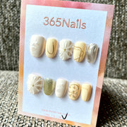 365nails: "Gilded Bloom" – Unhas Postiças Artesanais 3D com Flores e Glitter Quadradas Curtas