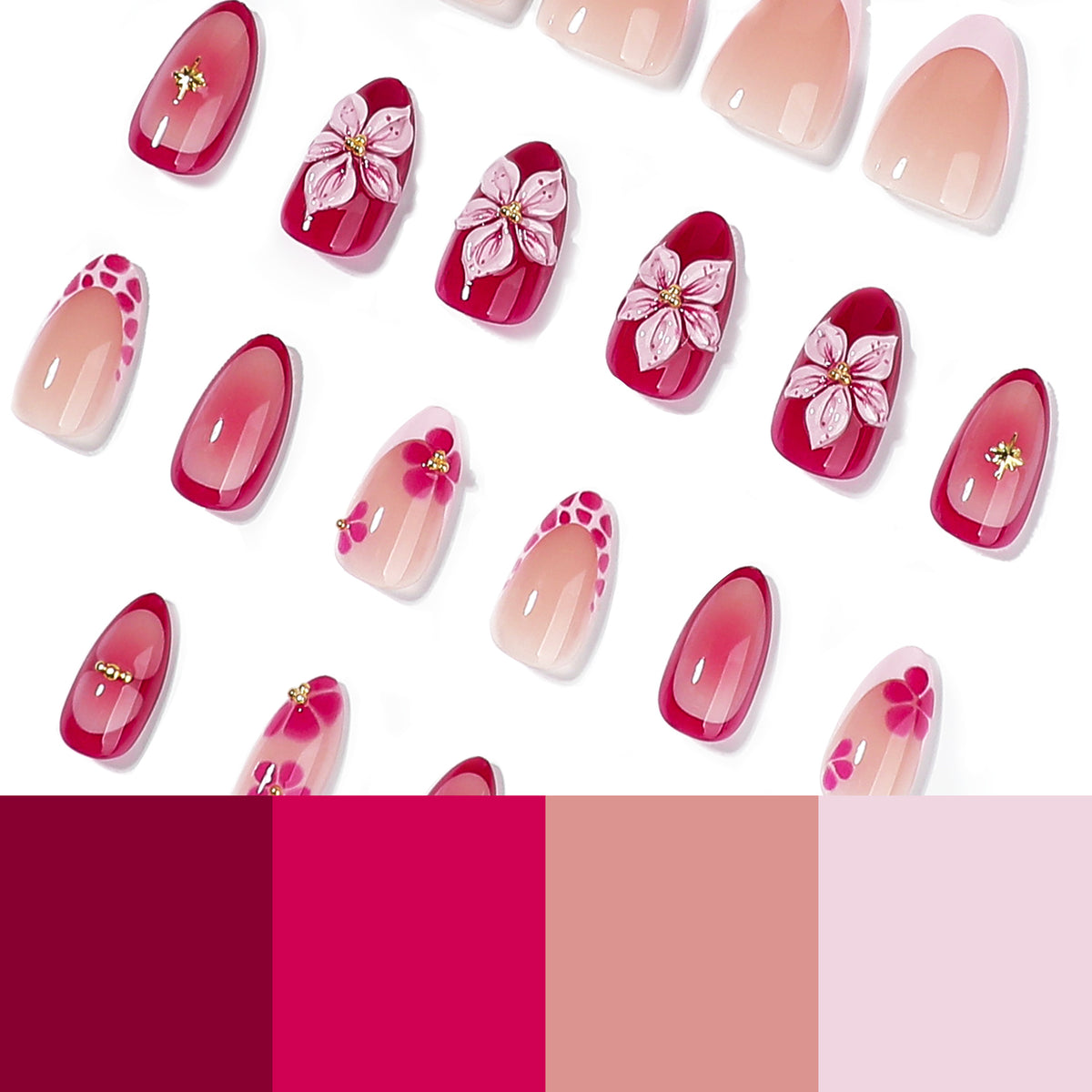 Scattered almond press-on nails with floral art and a pink color palette swatch