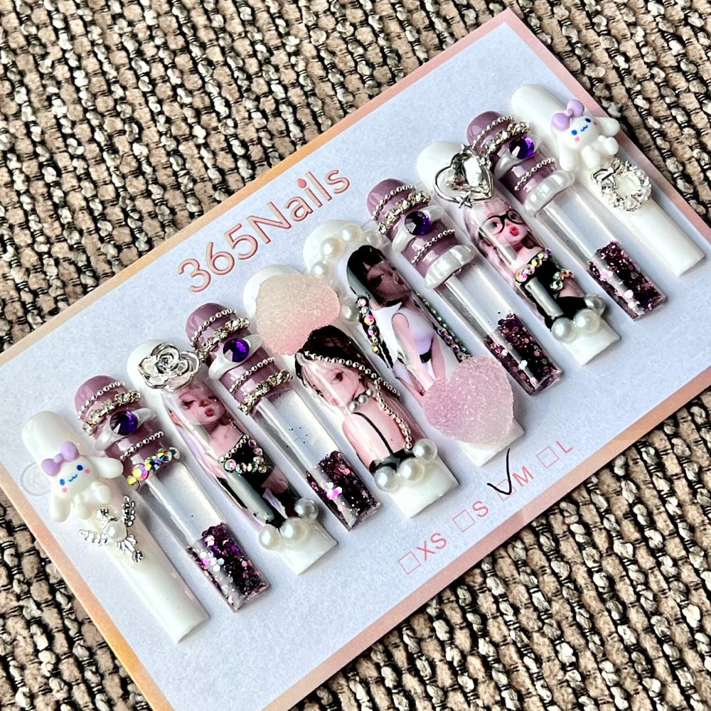 365nails: "Lavender Cinnamoroll Doll" – Handmade Kawaii Liquid Motion Press-On Long Pipe Nails-5.5cm