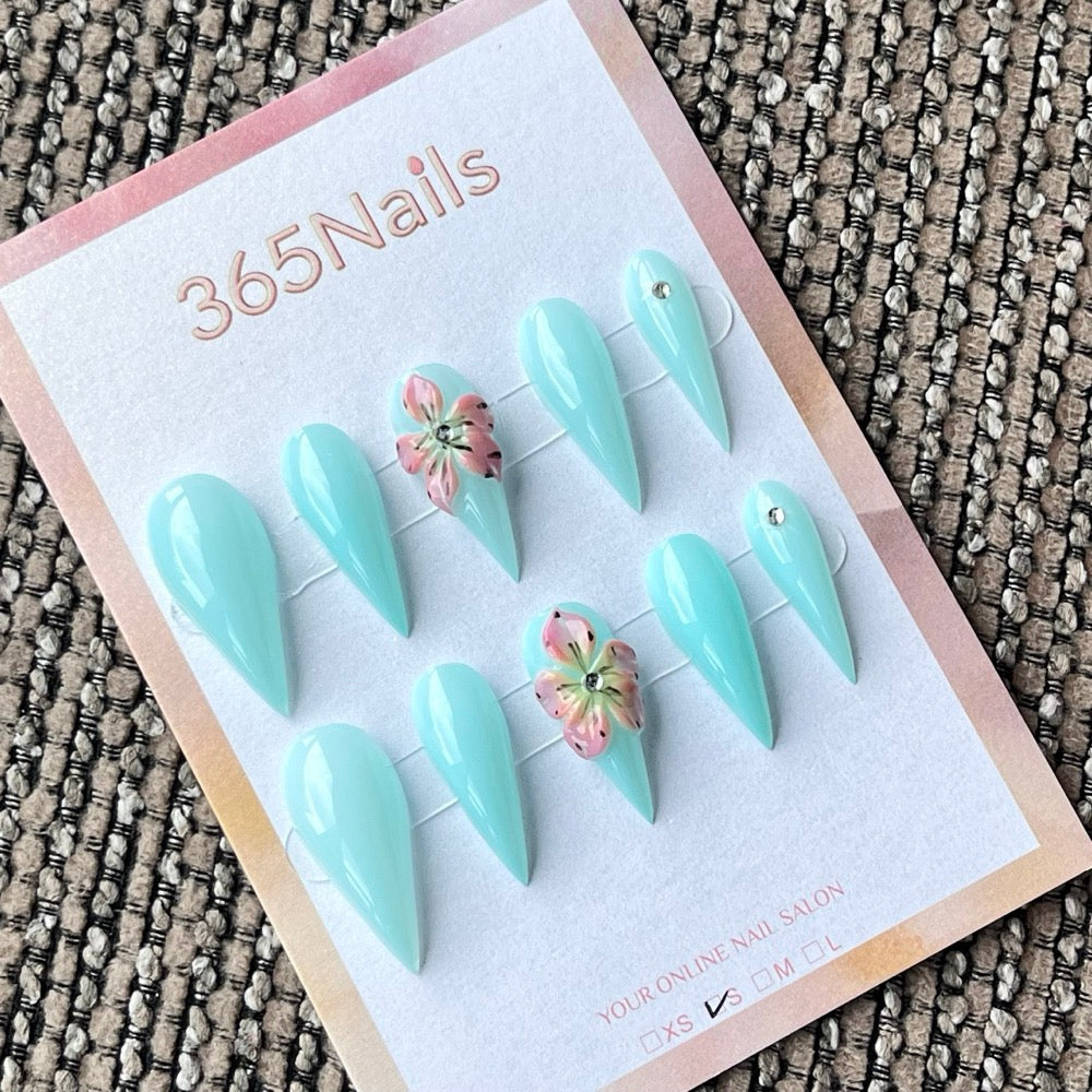 Mint Blue Stiletto Press-On Nails with 3D Flowers