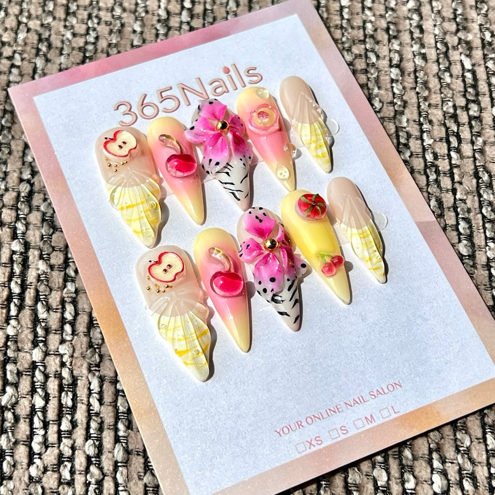 365nails: "Citrus Splash" – 3D Sculpted Handmade Medium Almond Press On Nails