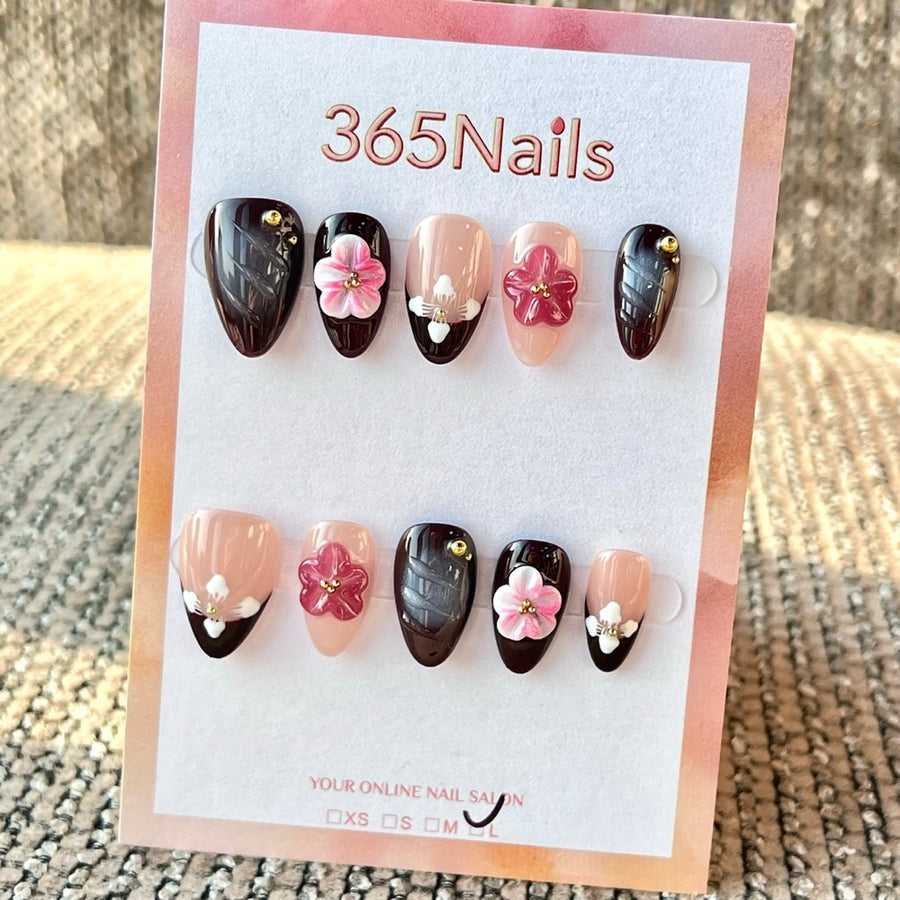 365nails: 3D 누드 브라운 플라워 웨이브 수제 미디엄 스틸레토형 프레스온 네일