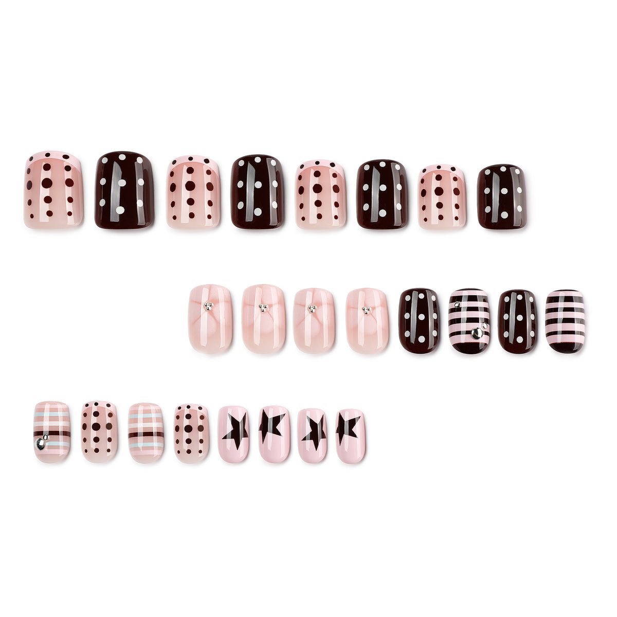 Set of 24 press-on nails in pink and brown with polka dots, stripes, plaid, and star designs.