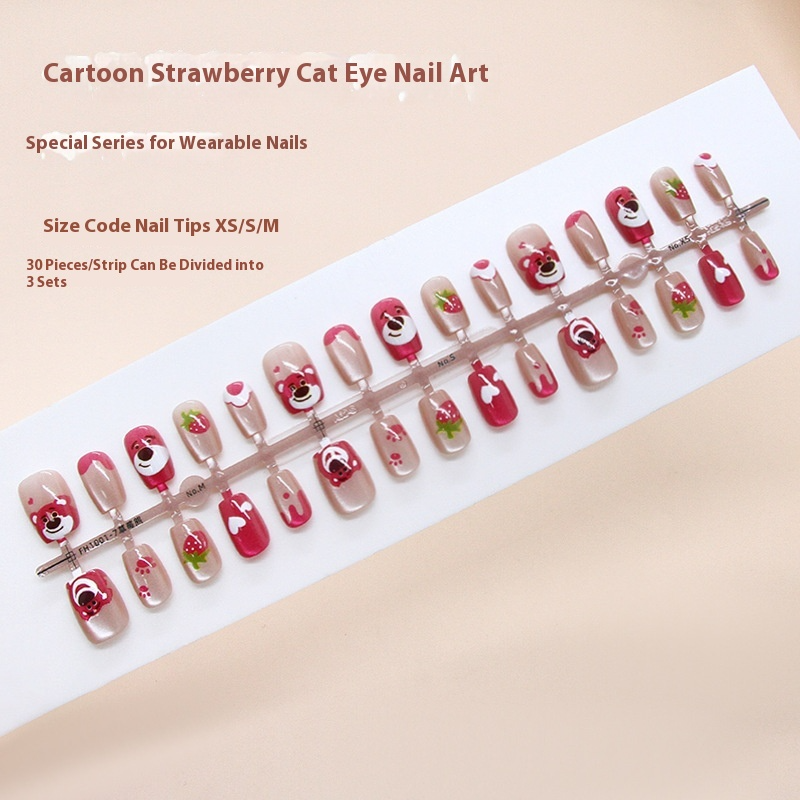 Puntas de uñas prefabricadas, diseño divertido de gato, fresa, oso, amor, niña, versátiles, 30 piezas | 365nails