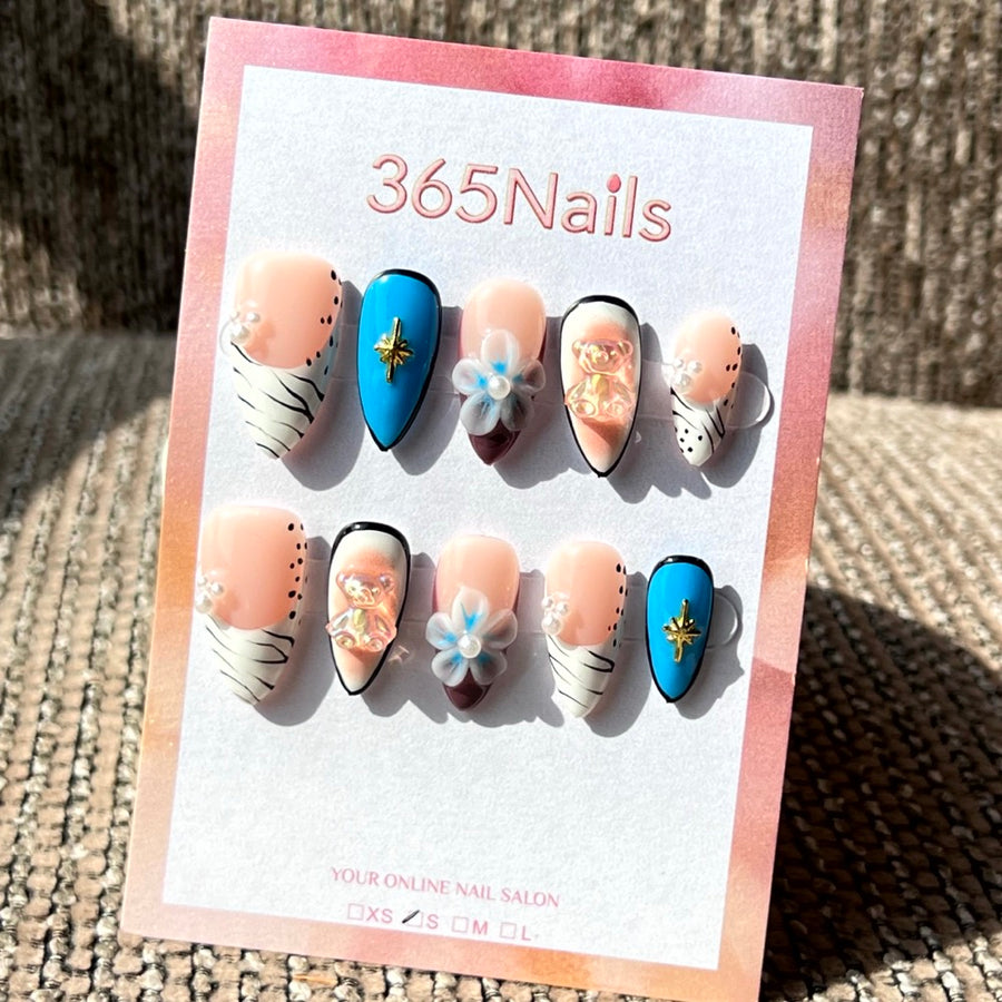 365nails: "Celestial Whimsy" – 3D Mixed Media Handmade Almond Nails
