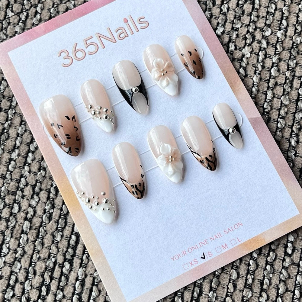 Nude & White Almond Press-On Nails with Leopard Print & 3D Flowers