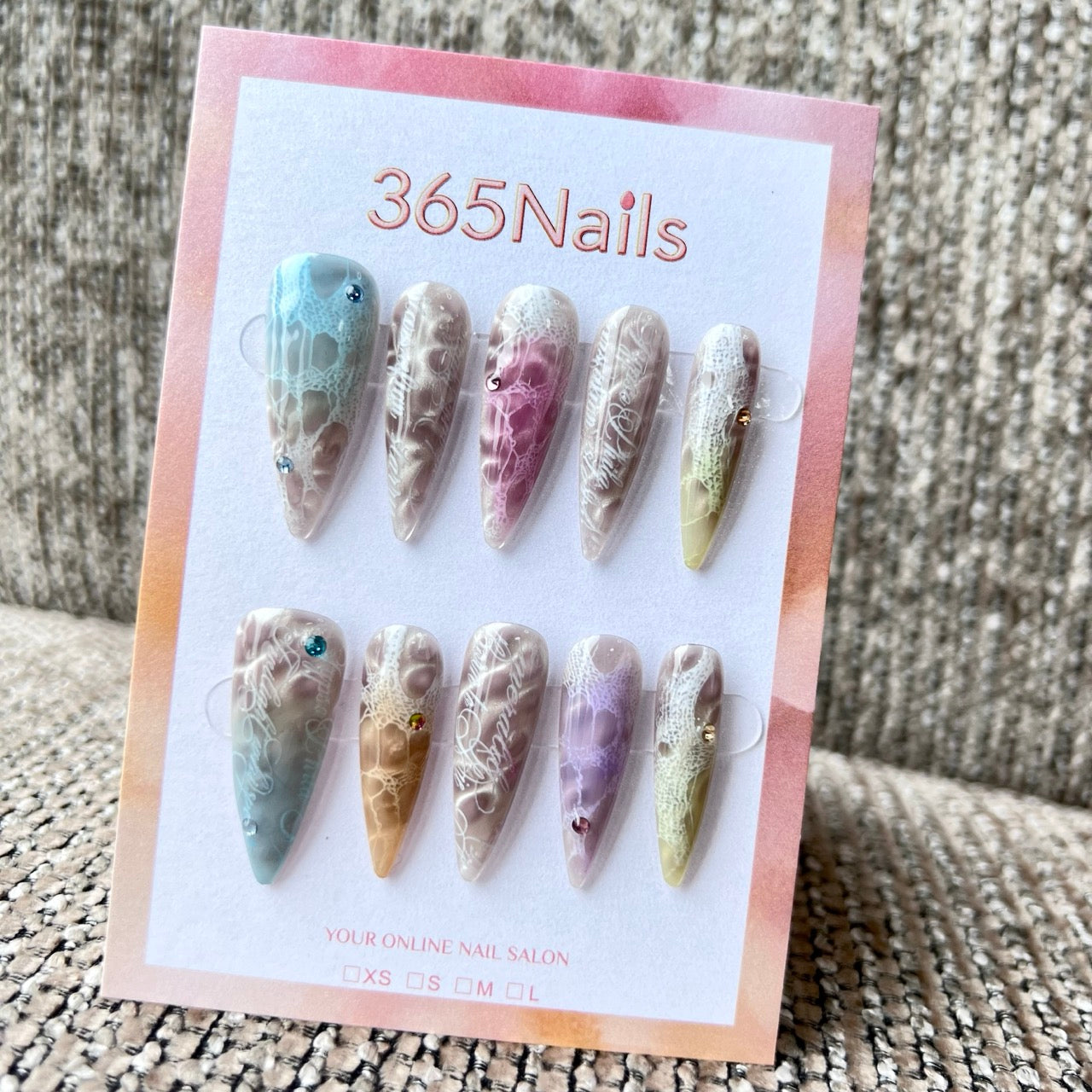 Cosmic Fatale: "Pastel Lace Watercolor" – Long Sharp Stiletto Handmade Press On Nails