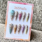 Cosmic Fatale: "Pastel Lace Watercolor" – Long Sharp Stiletto Handmade Press On Nails