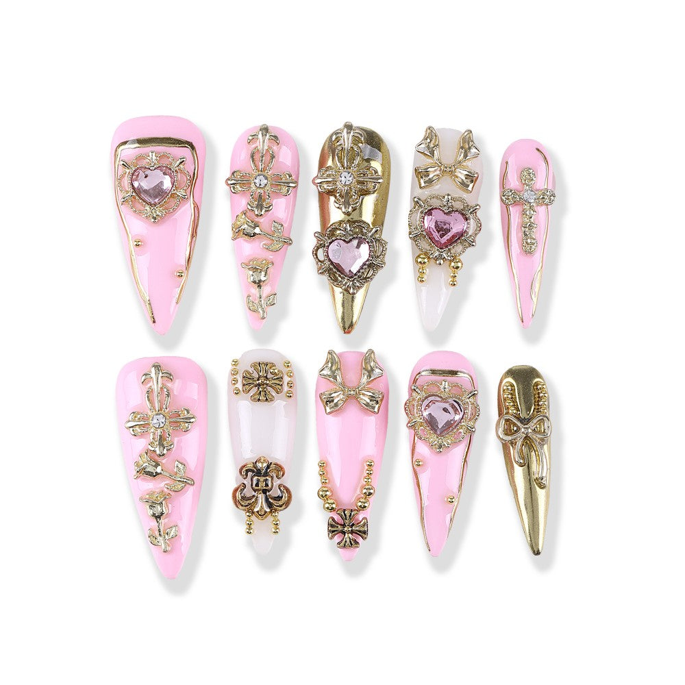 Pink and white French style with metal heart and rhinestone bow  long pointed Press On Nail
