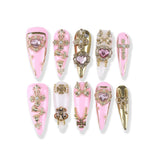 Pink and white French style with metal heart and rhinestone bow  long pointed Press On Nail