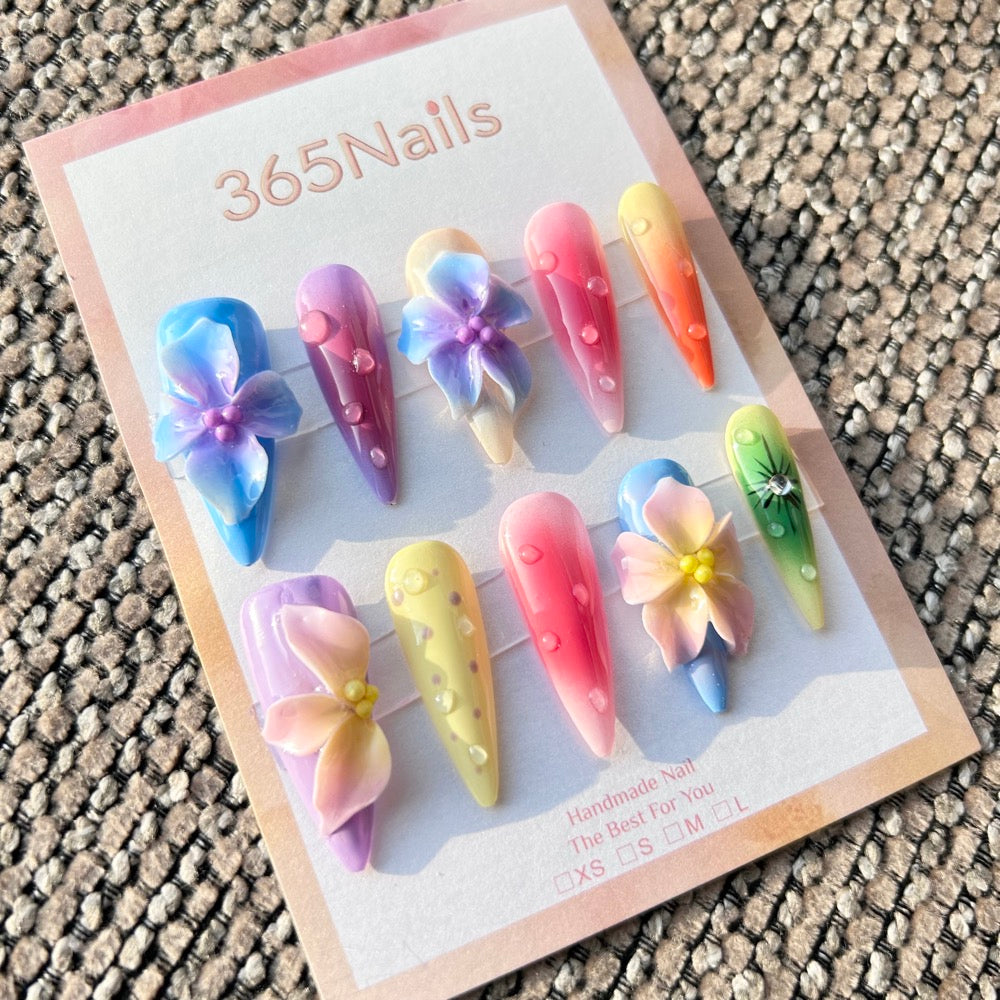 Sculpted Flora: "Tropical Dewdrops" – 3D Colorful Flowers & Water Droplets on Juicy Gradient Stiletto Nails