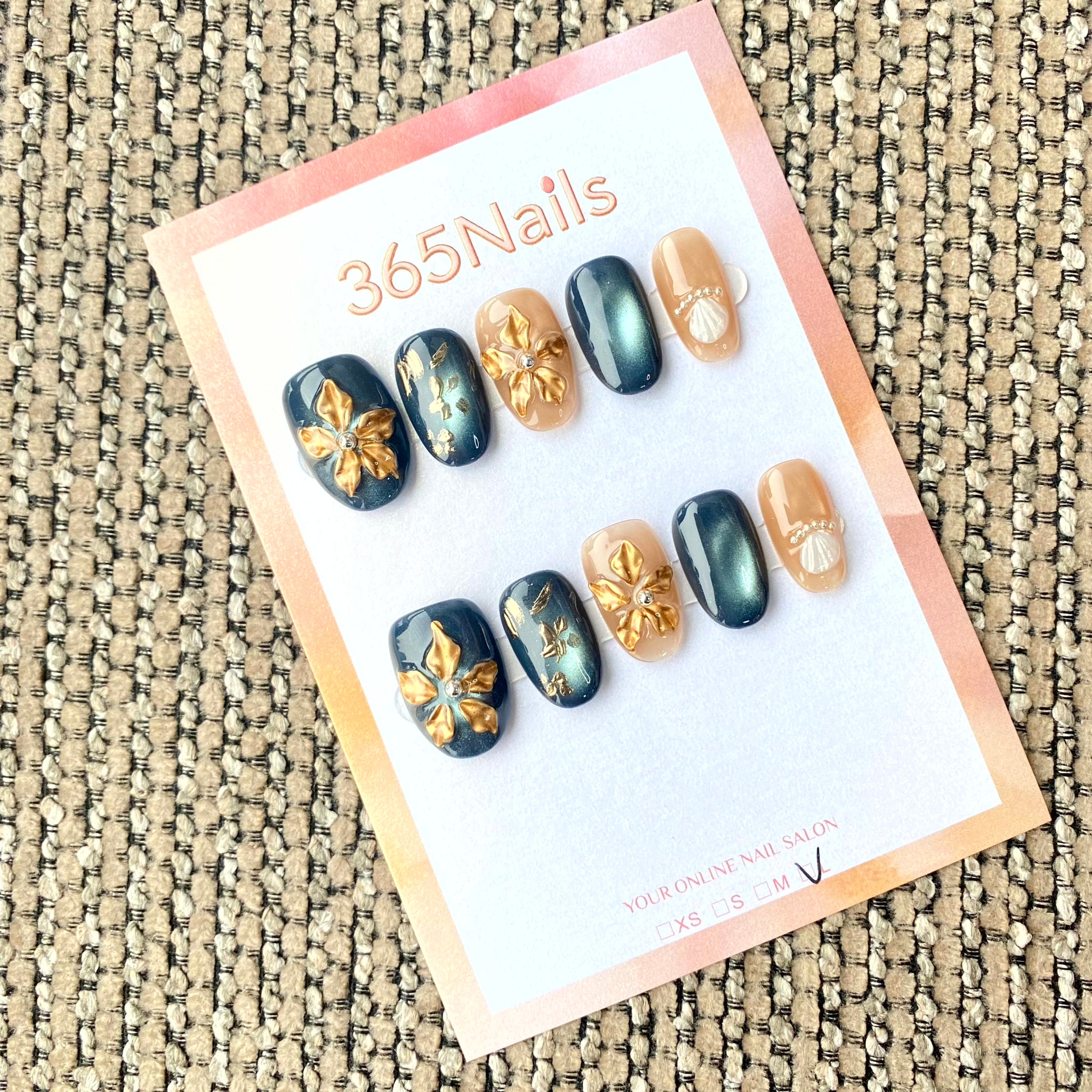 365nails: "Teal Ocean Flora" – Blue Cat-Eye & 3D Gold Flower Handmade Squoval Nails