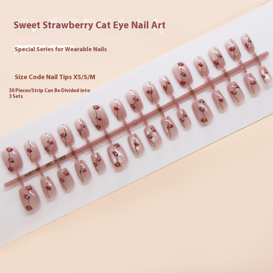 Nail Tips  prefabricated nail, cute press on nails, sweet strawberry, light-chasing cat eye, three-dimensional nail, short T nail patch｜365nails