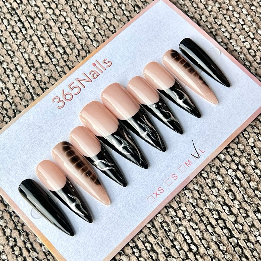 365nails 블랙 누드 불꽃 그라데이션 미디엄 수제 스틸레토형 프레스온 네일