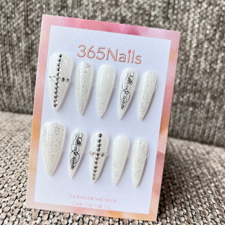 Cosmic Fatale: "Sacred White Cross" – Long Sharp Stiletto Handmade Press On Nails