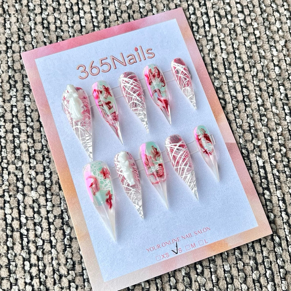 "Crimson Eye & Silver Spikes" - Precision Crafted Press-On Nails