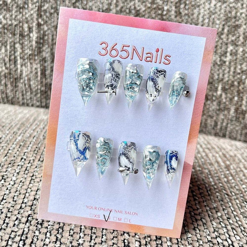 "Ice Blue Ink Grunge" - Y2K Pierced Marble Press-On Nails