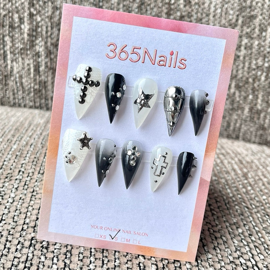 "Monochrome Studded Punk" - Heavy Metal Gothic Press-On Nails