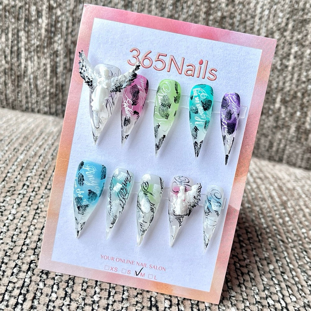 "Neon Angel Graffiti" - 3D Winged Cyberpunk Press-On Nails