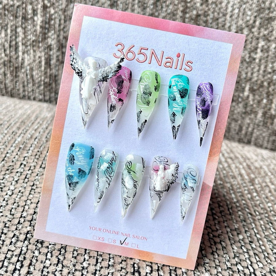 "Neon Angel Graffiti" - 3D Winged Cyberpunk Press-On Nails