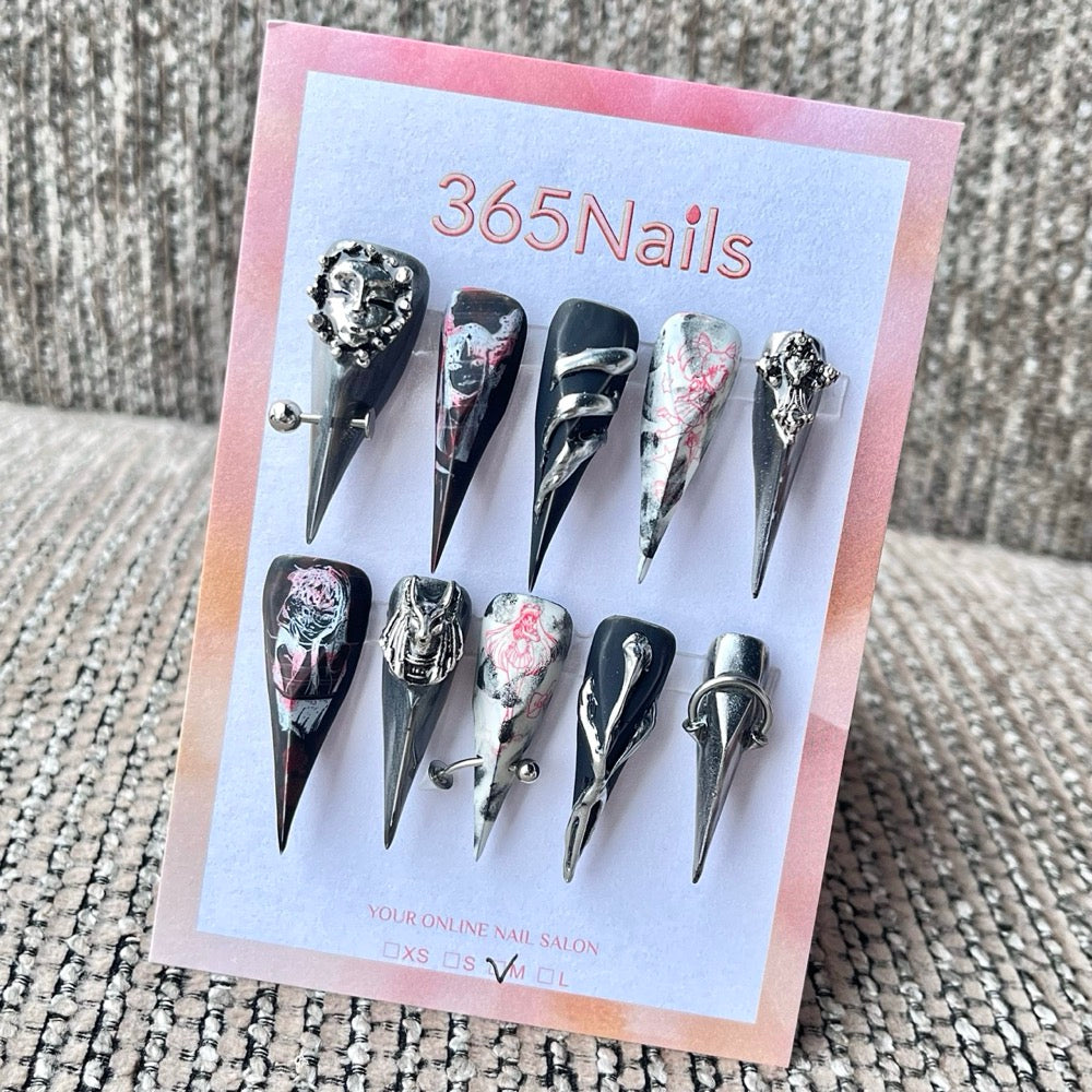 "Dark Chrome Mask" - 3D Heavy Metal Pierced Nails