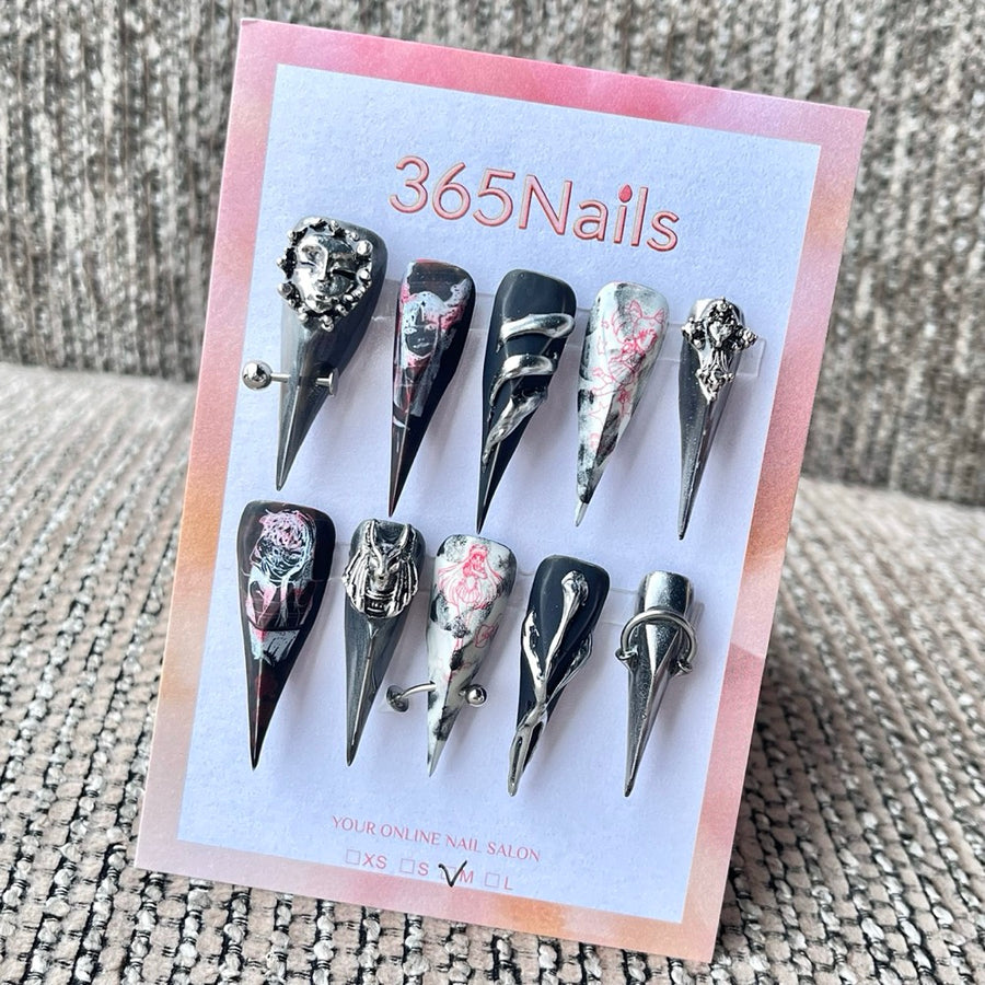 "Dark Chrome Mask" - 3D Heavy Metal Pierced Nails