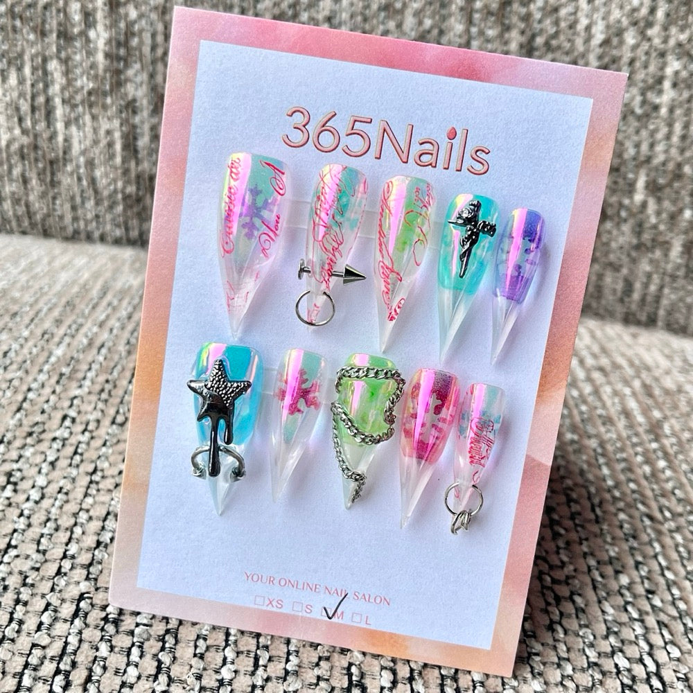 "Holographic Cyber Star" - Neon Y2K Pierced Press-On Nails