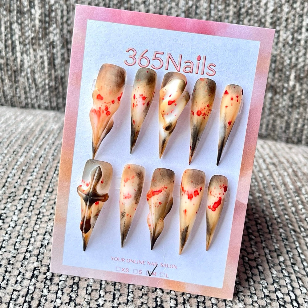 "Burnt Bone Splatter" - Matte Horror Grunge Press-On Nails