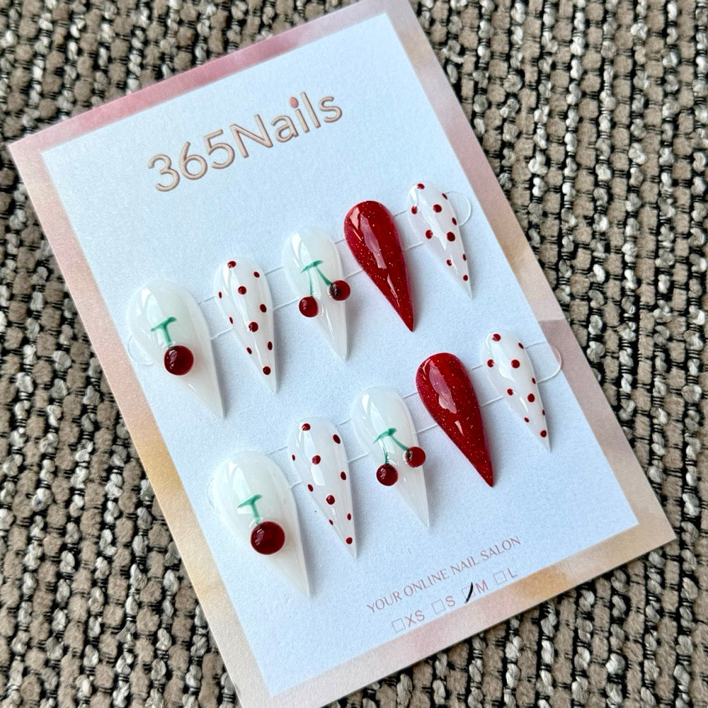 Cherry Dot Red and White Dragon Armor Shape Handmade Press-On Nails