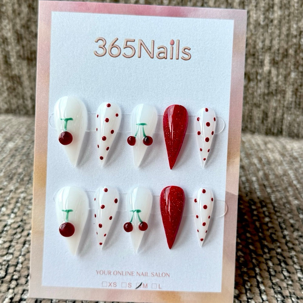Cherry Dot Red and White Dragon Armor Shape Handmade Press-On Nails