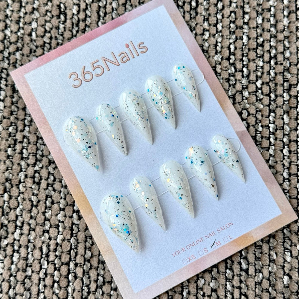 Iridescent Confetti White Dragon Armor Shape Handmade Press-On Nails