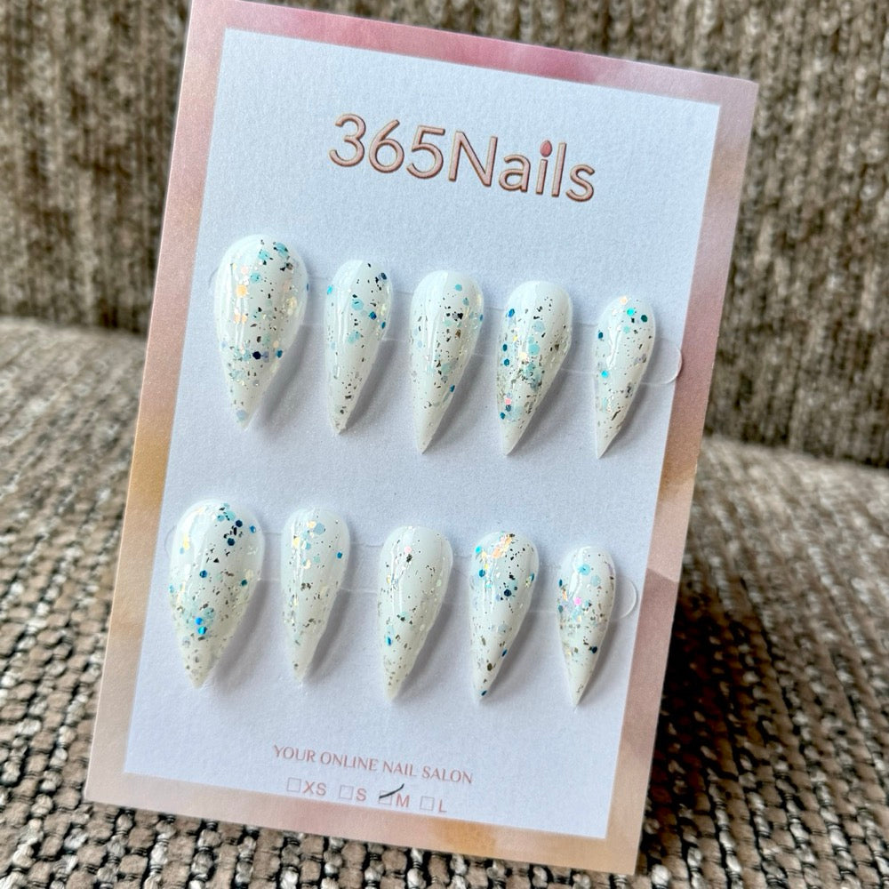 Iridescent Confetti White Dragon Armor Shape Handmade Press-On Nails
