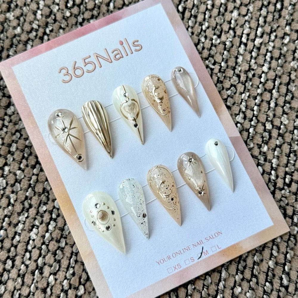 Ivory Celestial Orbit Dragon Armor Shape Handmade Press-On Nails