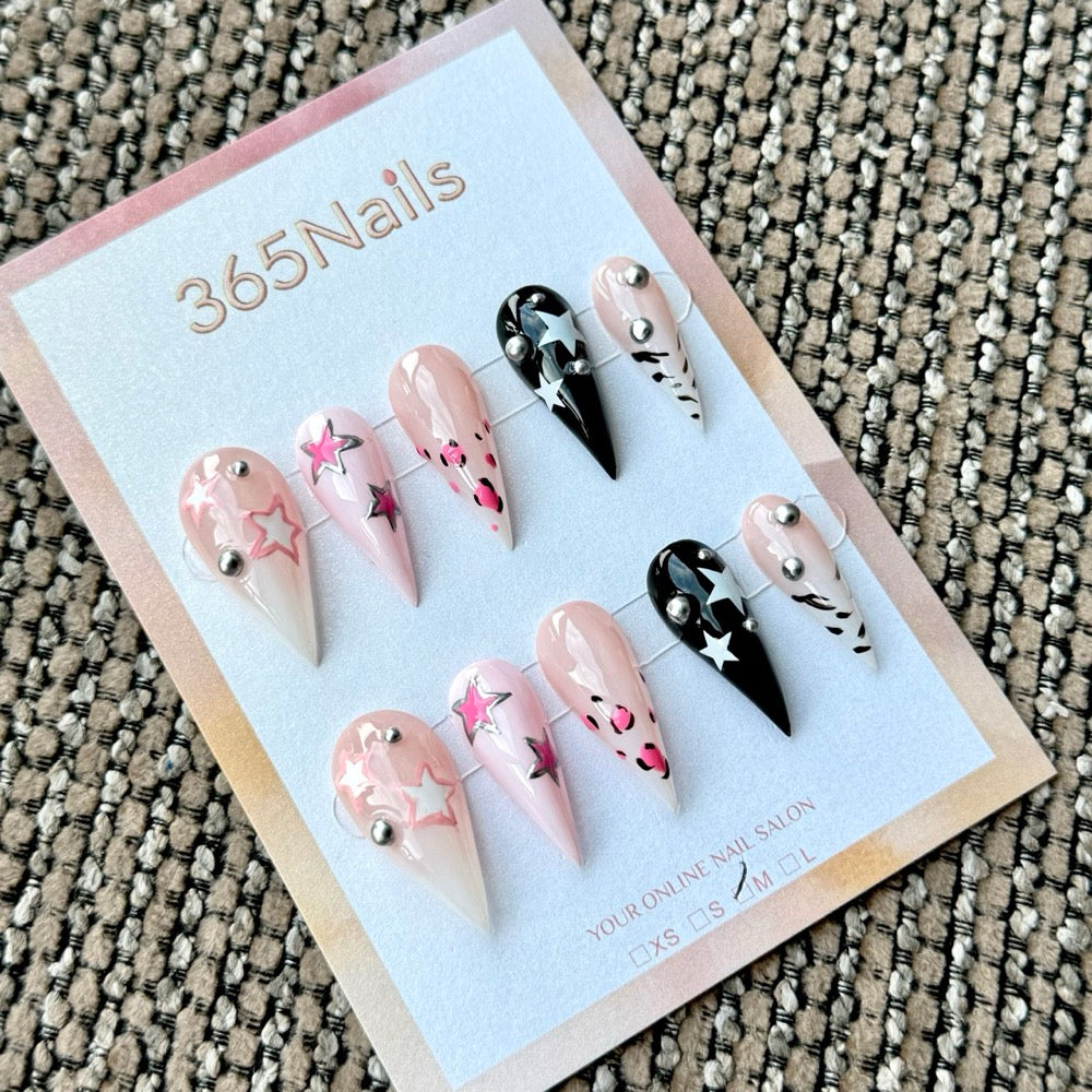 Blush Pink and Black Star Dragon Armor Shape Handmade Press-On Nails