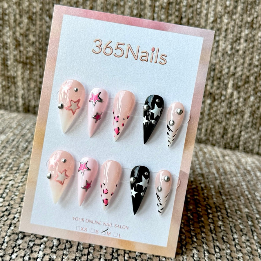 Blush Pink and Black Star Dragon Armor Shape Handmade Press-On Nails